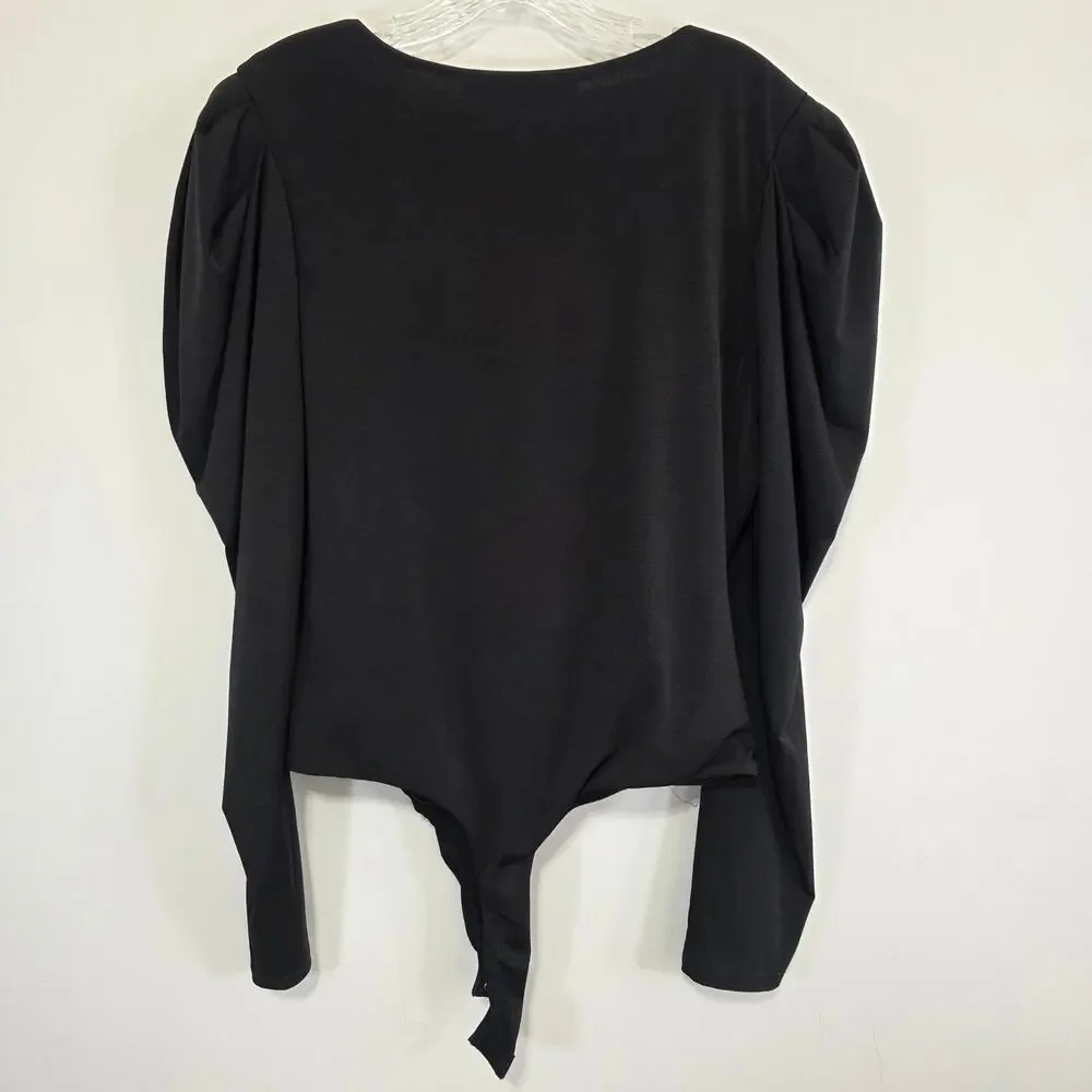 ASTR The Label Womens Black V Neck Puff Sleeve Bodysuit Size XL